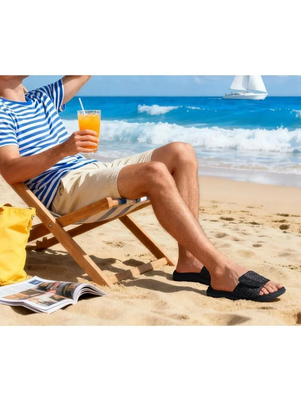 Men's Black Arch Support Sport Slides Open Toe Adjustable Orthotic Sandal Shoes